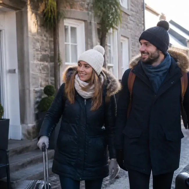 Couple arrivant avec leurs bagages devant un hébergement lors du Carnaval de Granville hébergements