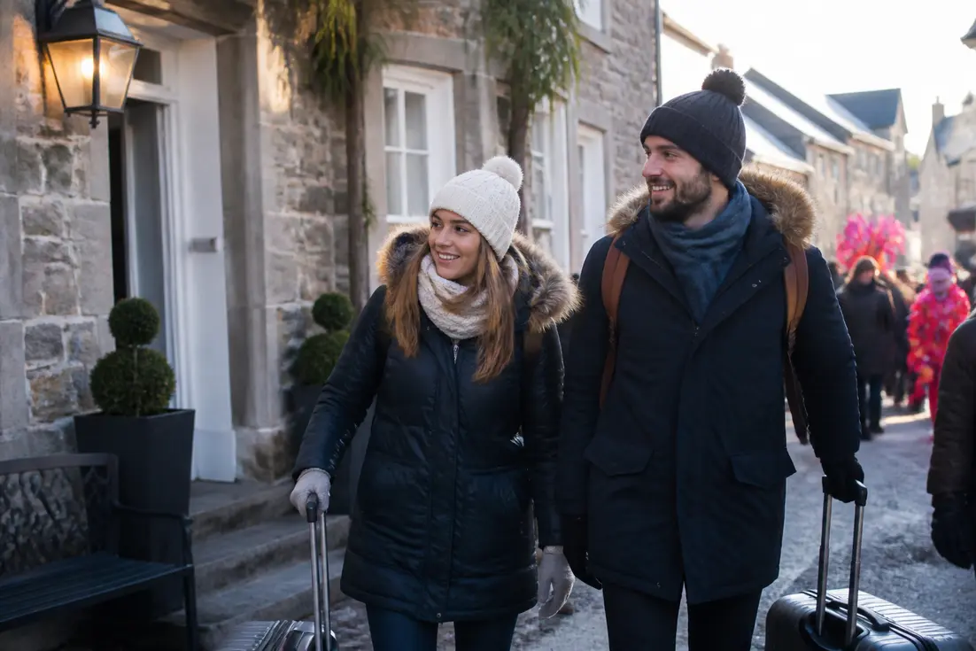 Couple arrivant avec leurs bagages devant un hébergement lors du Carnaval de Granville hébergements