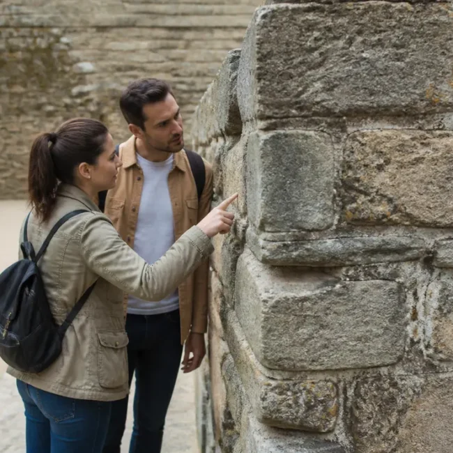 Un couple de voyageurs explore un site historique lors d'un circuit médiéval Normandie petit budget.