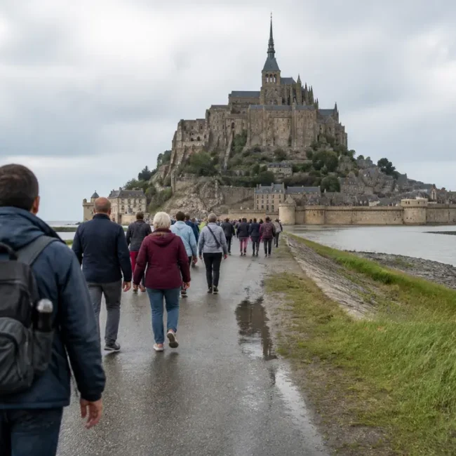 touristes marchant sur un chemin en Normandie pour savoir combien de temps visiter mont saint michel