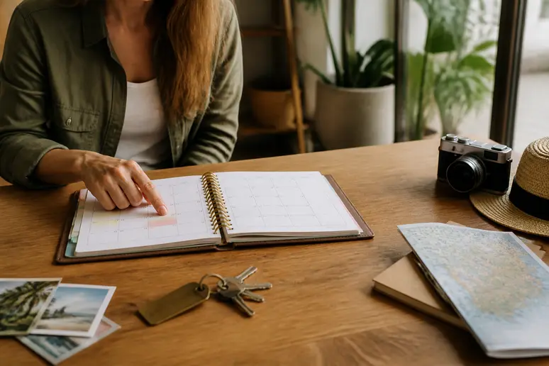 Carnet de voyage posé sur une table pour préparer sa réservation estivale