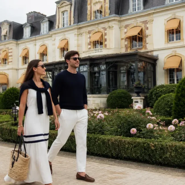 Façade historique et clients se promenant devant le grand hôtel mgallery cabourg prix haute saison en Normandie