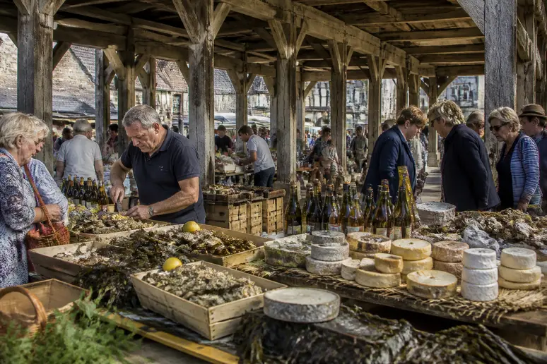 Étal de produits régionaux et chalands sous la charpente en bois des halles médiévales de Dives-sur-Mer.