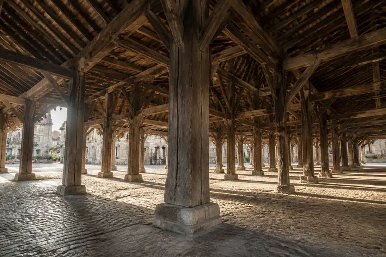 Alignement des piliers en chêne et charpente ancienne sous les halles médiévales de Dives-sur-Mer.