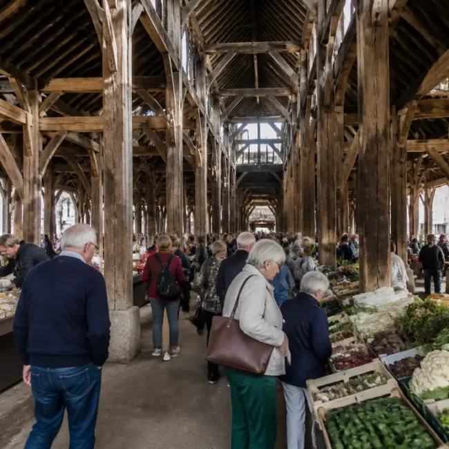 Ambiance animée sous les halles médiévales de Dives-sur-Mer lors du marché fermier du samedi matin