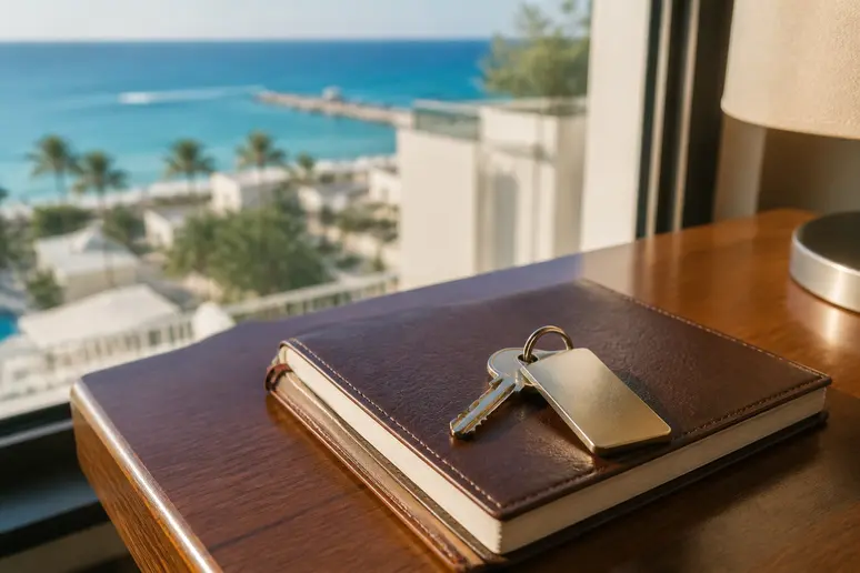 Carnet de réservation et clé de chambre d'hôtel pour un séjour balnéaire en Normandie.