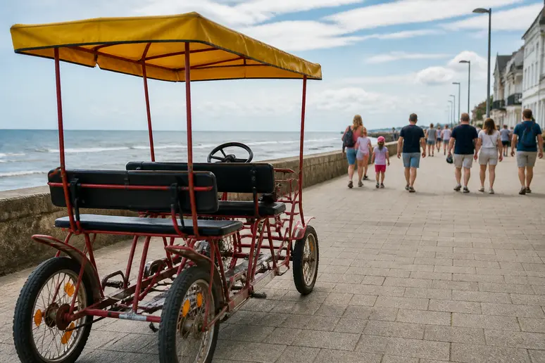 Famille préparant une balade sur une rosalie de location garée sur la promenade du front de mer