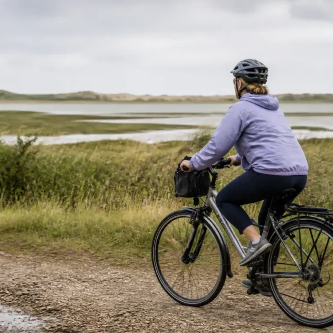 Un cycliste sur un circuit nature Sallenelles Cabourg traverse les sentiers de l'estuaire