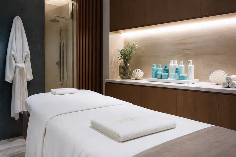 Cabine de soin lumineuse avec table de massage et produits de thalasso marins.