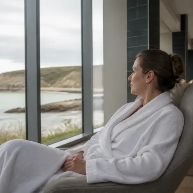 Femme en peignoir blanc se détendant dans un espace marin avec vue, Spa Algotherm Deauville avis