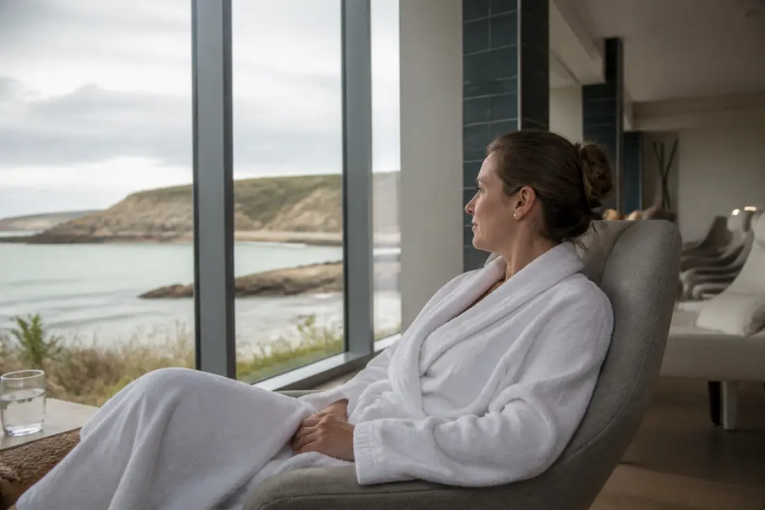 Femme en peignoir blanc se détendant dans un espace marin avec vue, Spa Algotherm Deauville avis