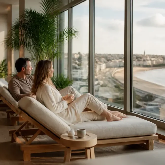 couple détendu profitant d'une vue panoramique lors d'un séjour thalasso Trouville avis en Normandie