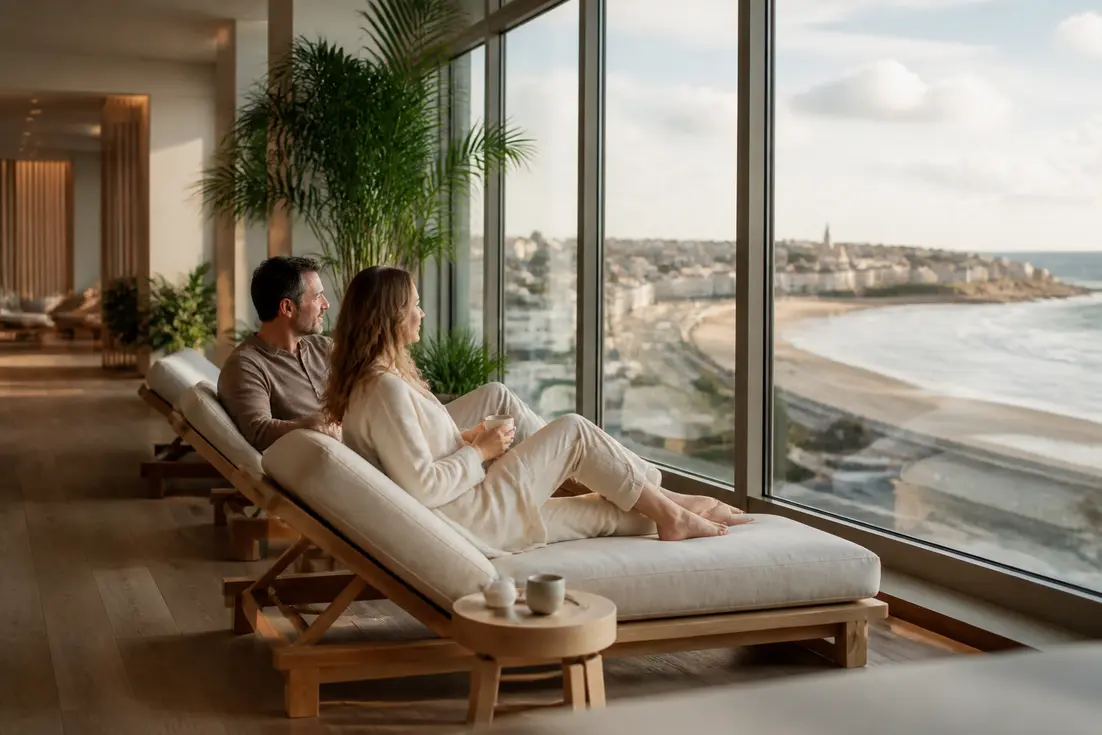 couple détendu profitant d'une vue panoramique lors d'un séjour thalasso Trouville avis en Normandie