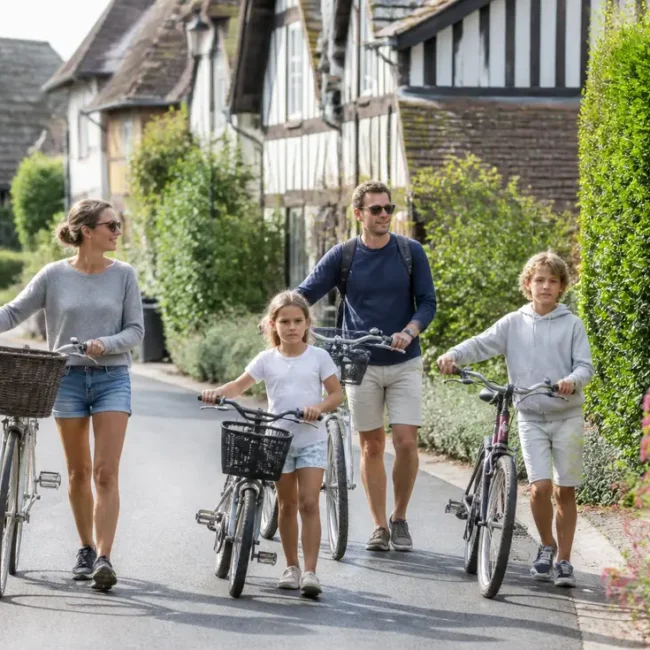Une famille se promène à vélo pour des locations vacances Varaville été près des maisons normandes.