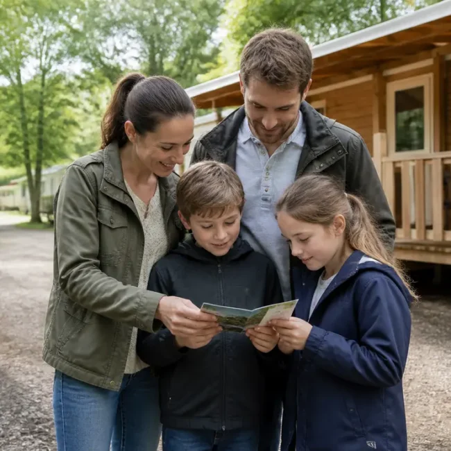 Une famille consulte un dépliant devant un mobil-home au camping les chevaliers houlgate tarifs