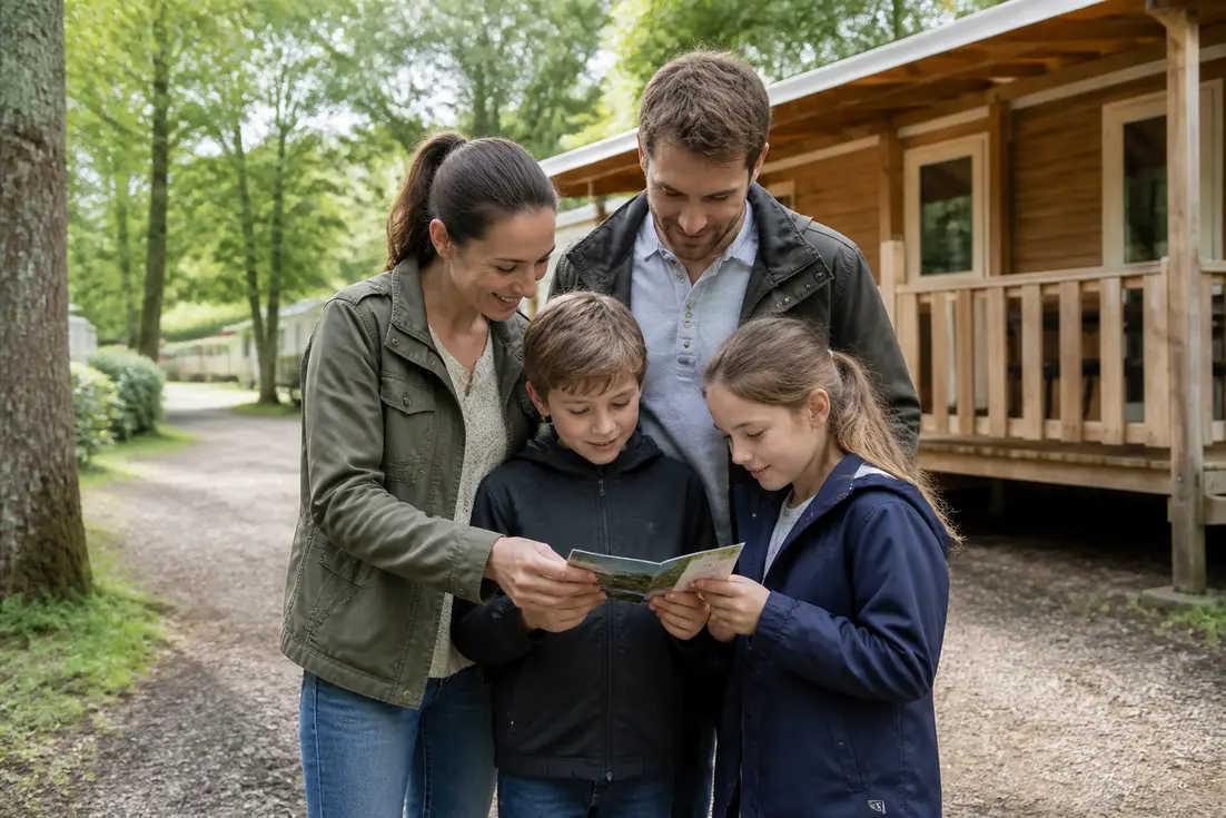 Une famille consulte un dépliant devant un mobil-home au camping les chevaliers houlgate tarifs