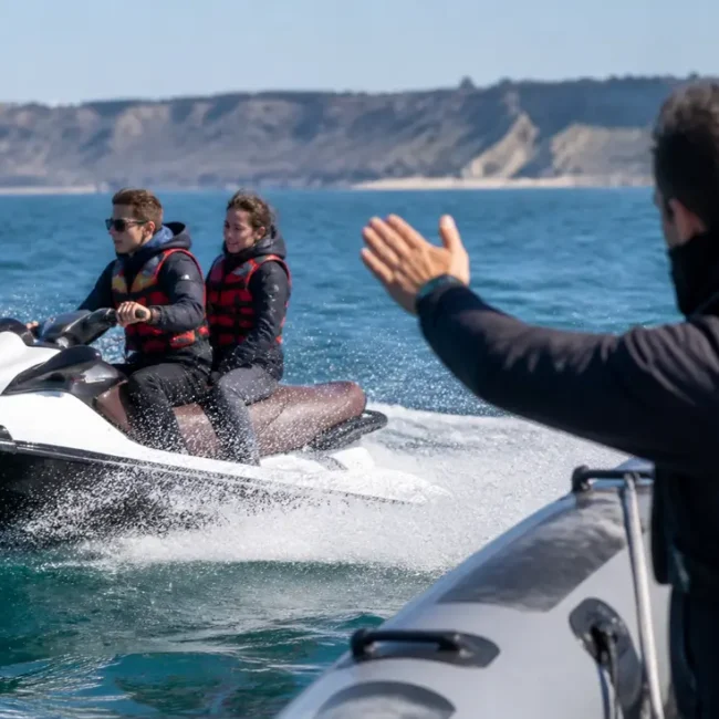 Deux personnes en gilet de sauvetage profitent d'une location jet ski Deauville lors d'une sortie encadrée en mer