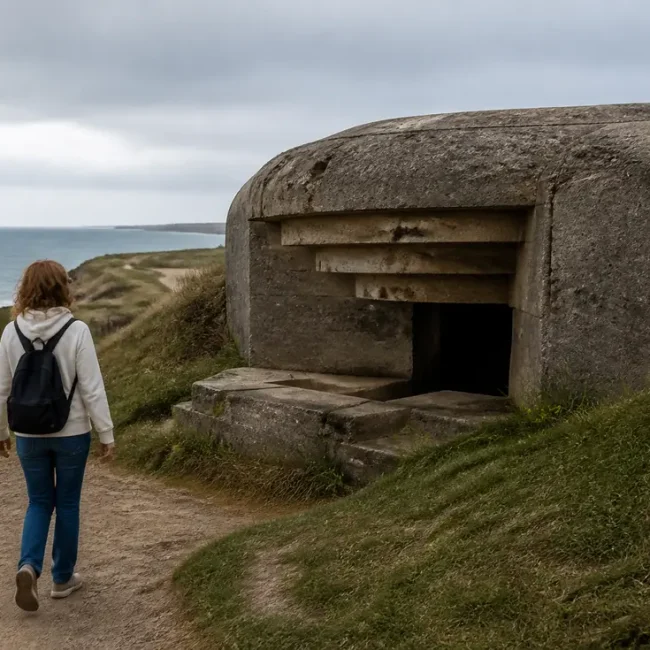 un visiteur explore les vestiges des bunkers historiques près de juno beach sur la côte normande