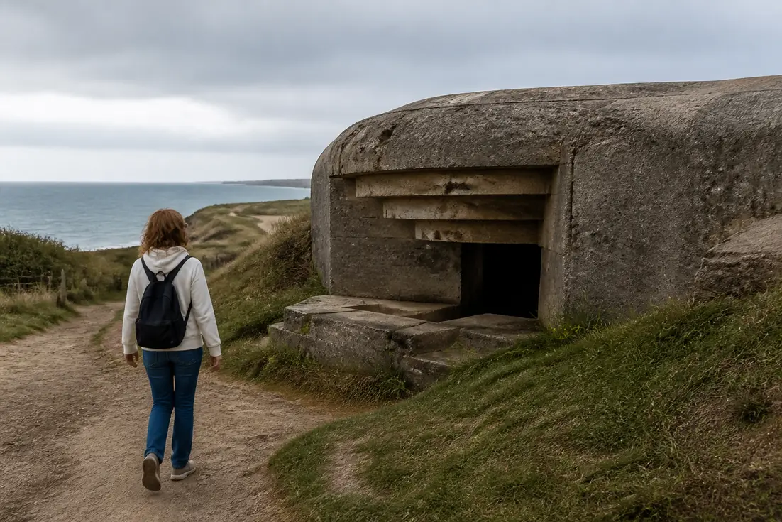 un visiteur explore les vestiges des bunkers historiques près de juno beach sur la côte normande