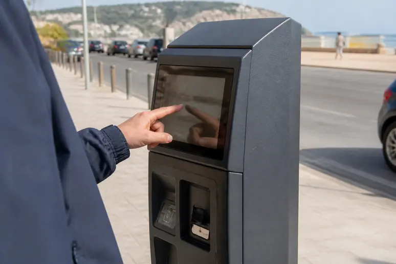 Horodateur de stationnement payant installé le long d'une rue côtière en Normandie