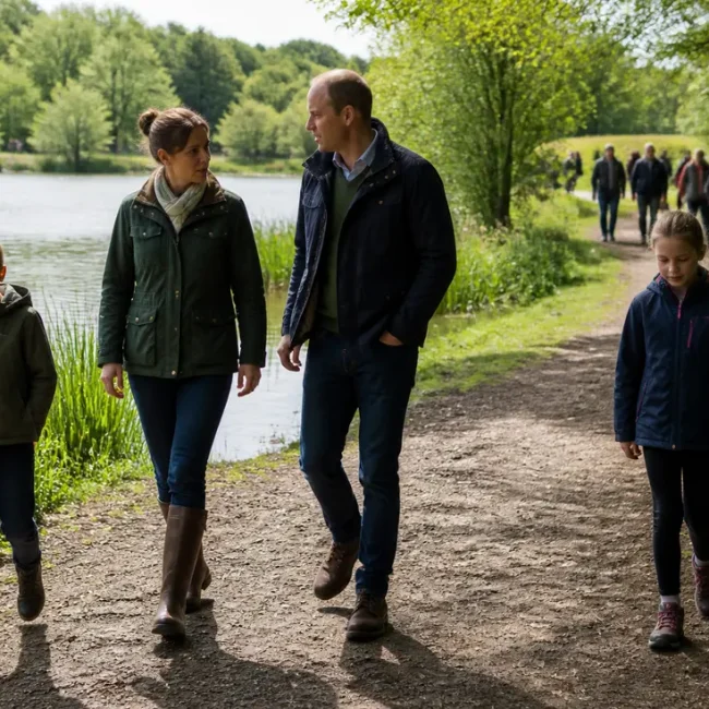 Famille en promenade le long du lac de pont l'évêque activités baignade en Normandie.