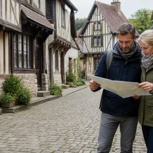 Touristes consultant un plan pour préparer visite Bec-Hellouin dans les rues normandes à colombages