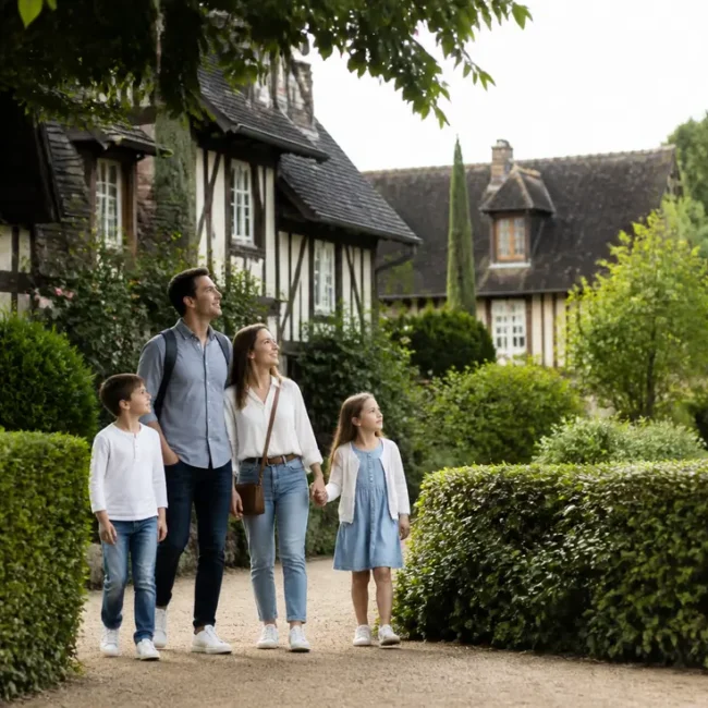 Famille découvrant les Jardins du Pays d'Auge tarifs entrée pour une visite nature en Normandie.