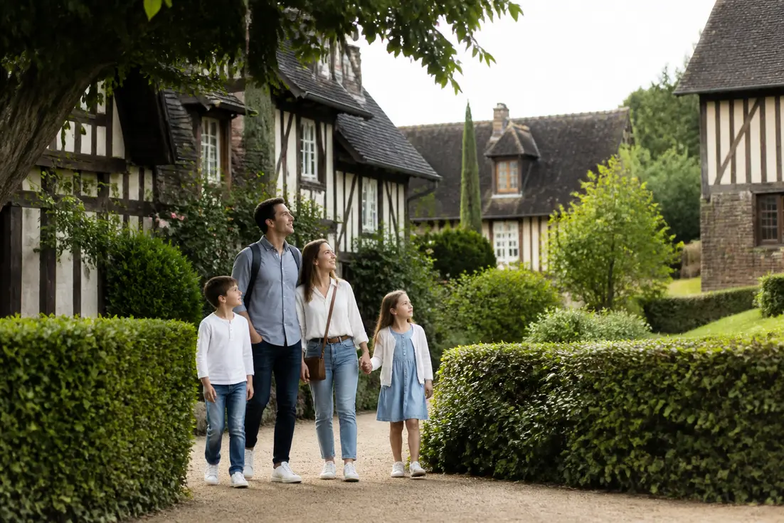 Famille découvrant les Jardins du Pays d'Auge tarifs entrée pour une visite nature en Normandie.