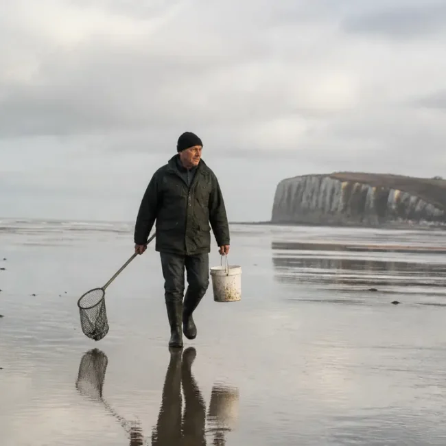 Pêcheur à pied sur la plage lors des marées Pourville quand partir avec son seau