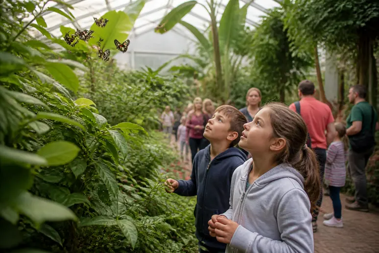 Visiteurs découvrant la serre tropicale du naturospace honfleur tarifs horaires parmi la végétation luxuriante.