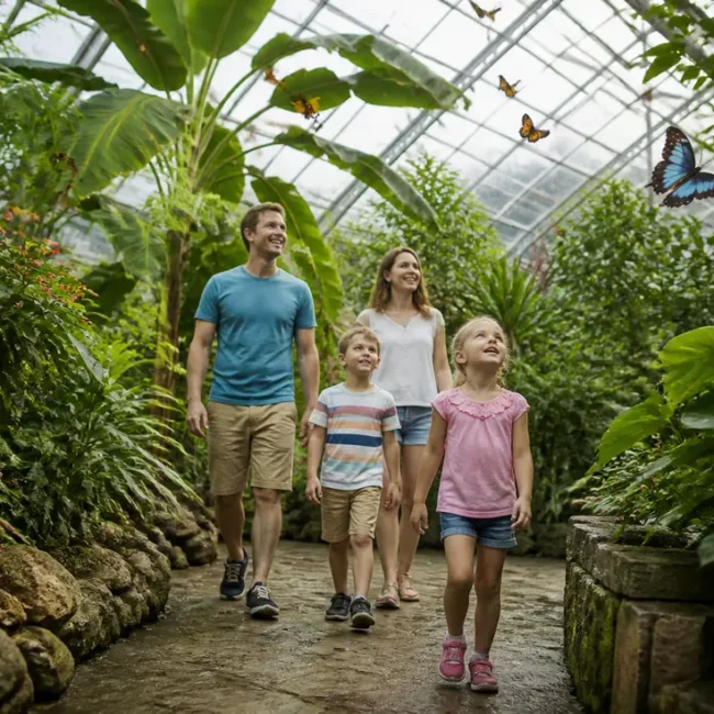 Visiteurs en famille découvrant les serres tropicales avec naturospace honfleur tarifs horaires en période estivale