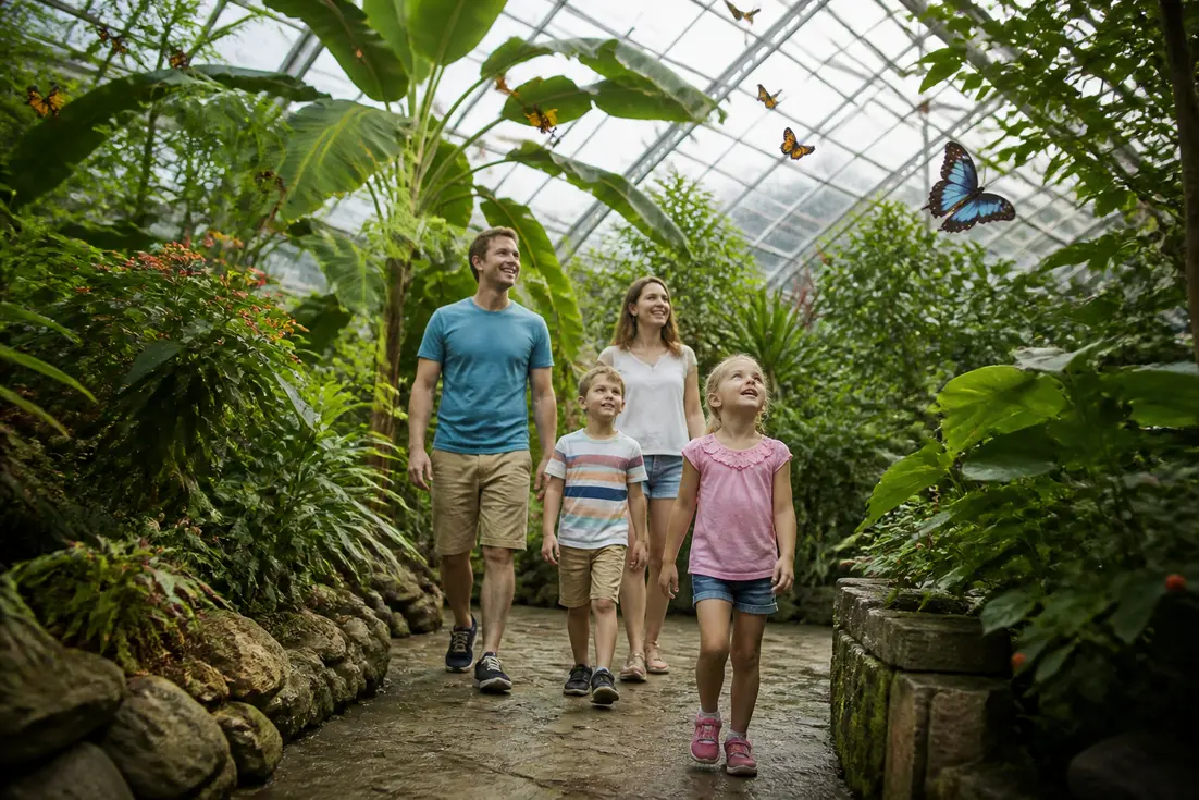 Visiteurs en famille découvrant les serres tropicales avec naturospace honfleur tarifs horaires en période estivale
