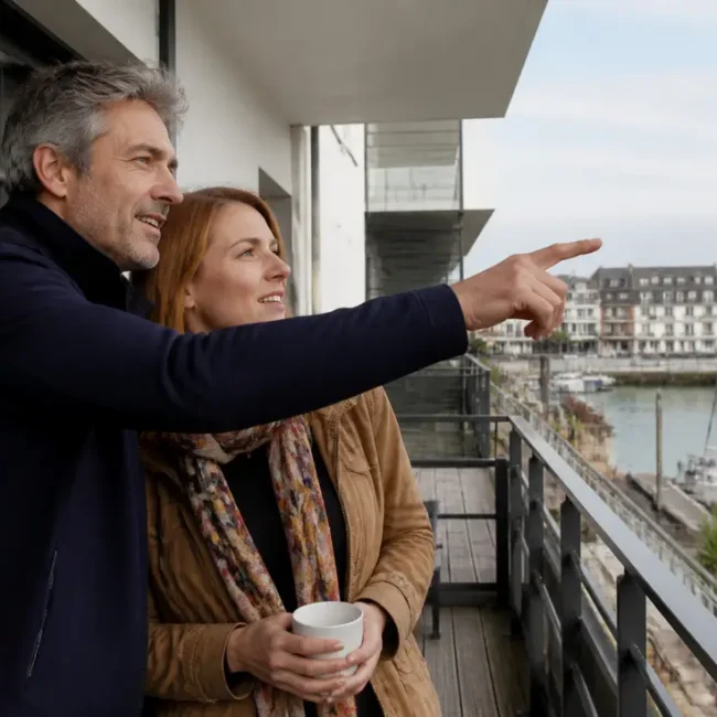 couple profitant de la vue depuis la résidence presqu'île touques deauville avis prix