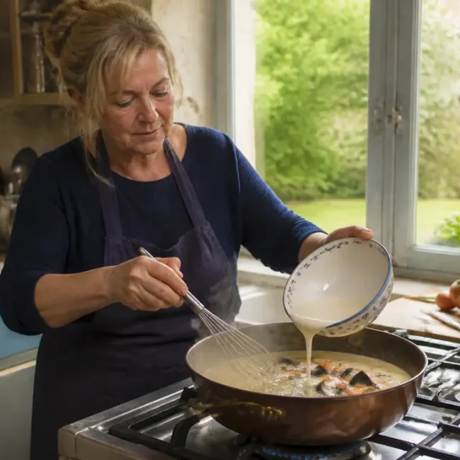 Cuisiner plats normands authentiques en préparant une sauce à la crème dans une poêle en cuivre