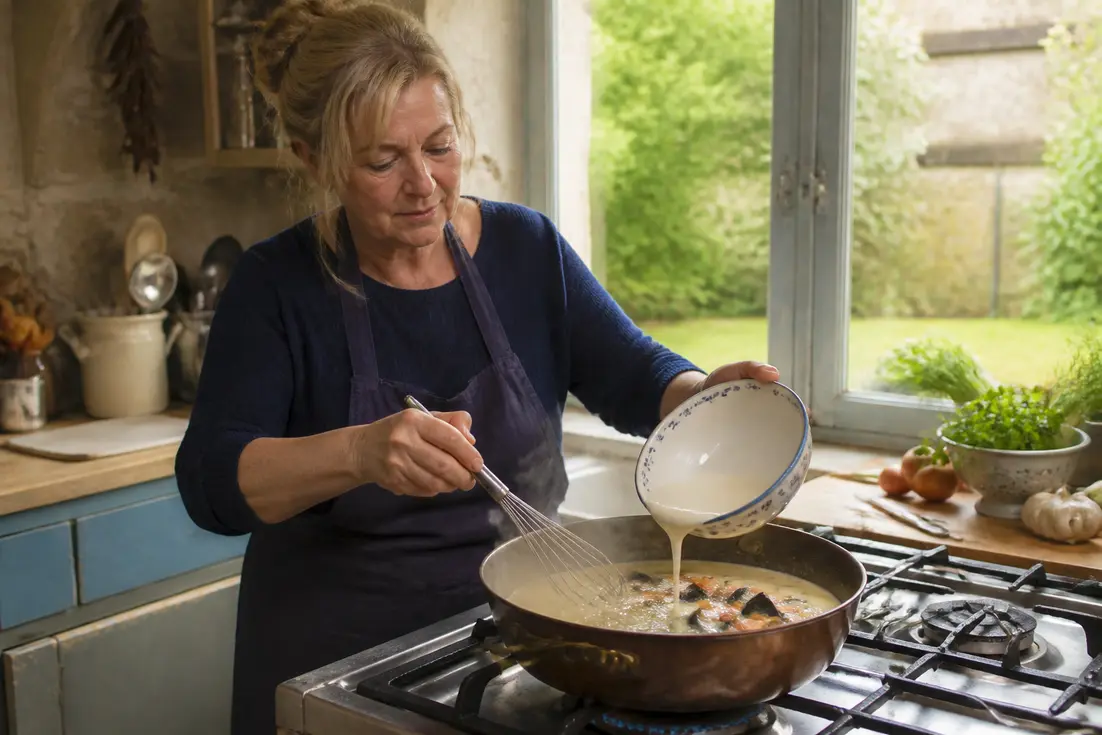 Cuisiner plats normands authentiques en préparant une sauce à la crème dans une poêle en cuivre