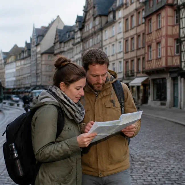 Touristes consultant un plan papier près du tramway pour savoir que faire à Rouen