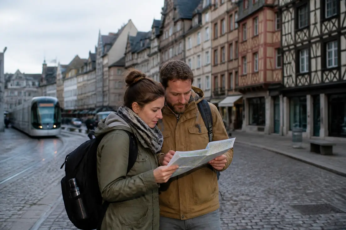 Touristes consultant un plan papier près du tramway pour savoir que faire à Rouen