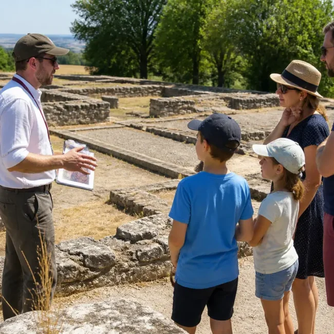 Une famille découvrant les vestiges antiques lors de leur vieux la romaine visite en famille en Normandie