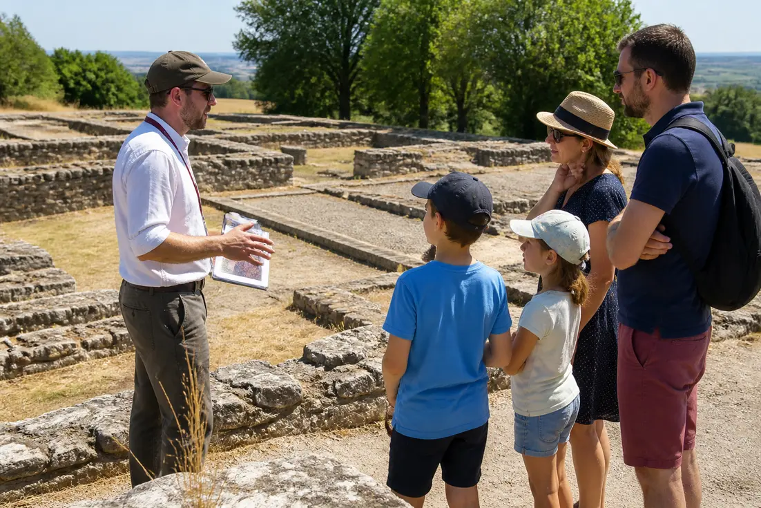Une famille découvrant les vestiges antiques lors de leur vieux la romaine visite en famille en Normandie